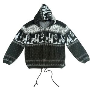 Tejidos Ruminahui Llama Aztec Wool Zip Hoodie Sweater Small Green Gray